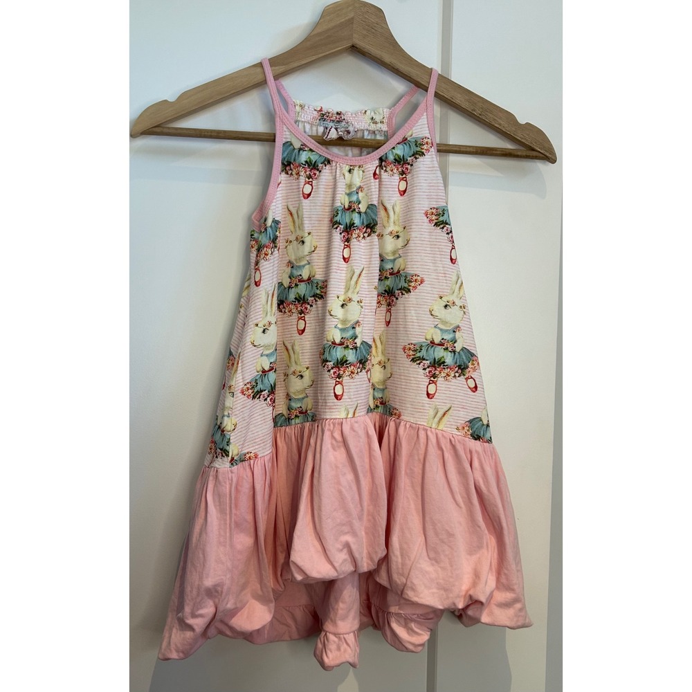 Little Wings Organic Pink Striped Ballerina Bunny Bubble Hem Dress Easter Sz 4